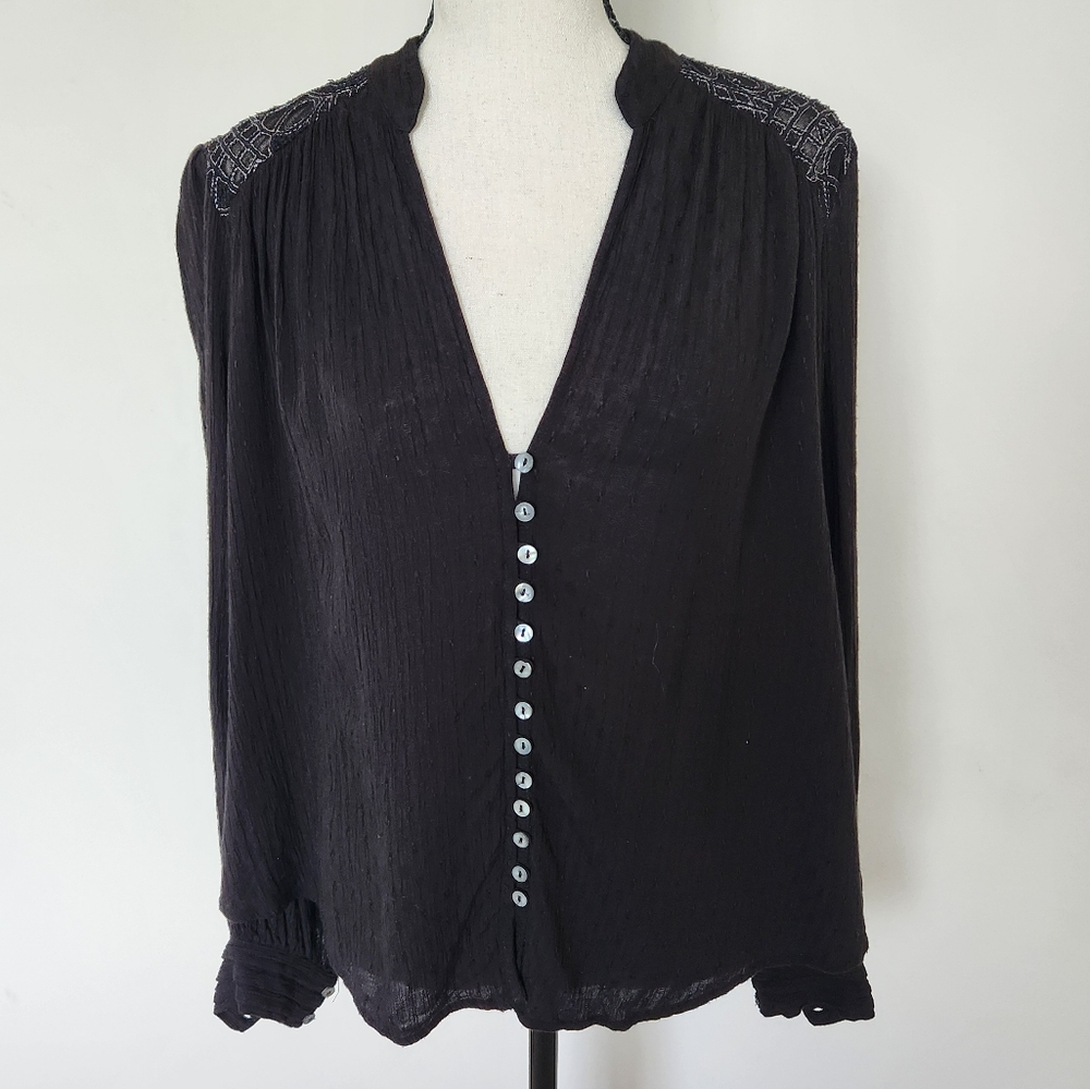 FREE PEOPLE Canyon Rose Embroidered Boho Hi Lo Blouse Black Whimsigoth Grunge XS - Picture 4 of 15